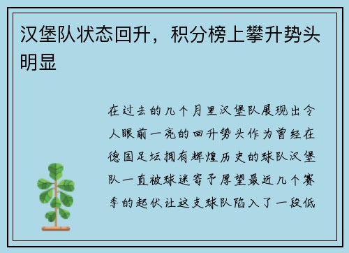 汉堡队状态回升，积分榜上攀升势头明显