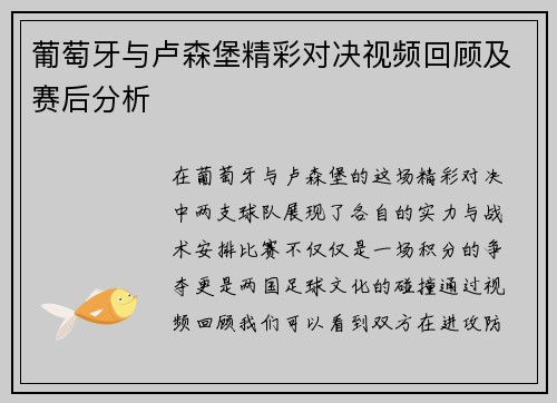 葡萄牙与卢森堡精彩对决视频回顾及赛后分析